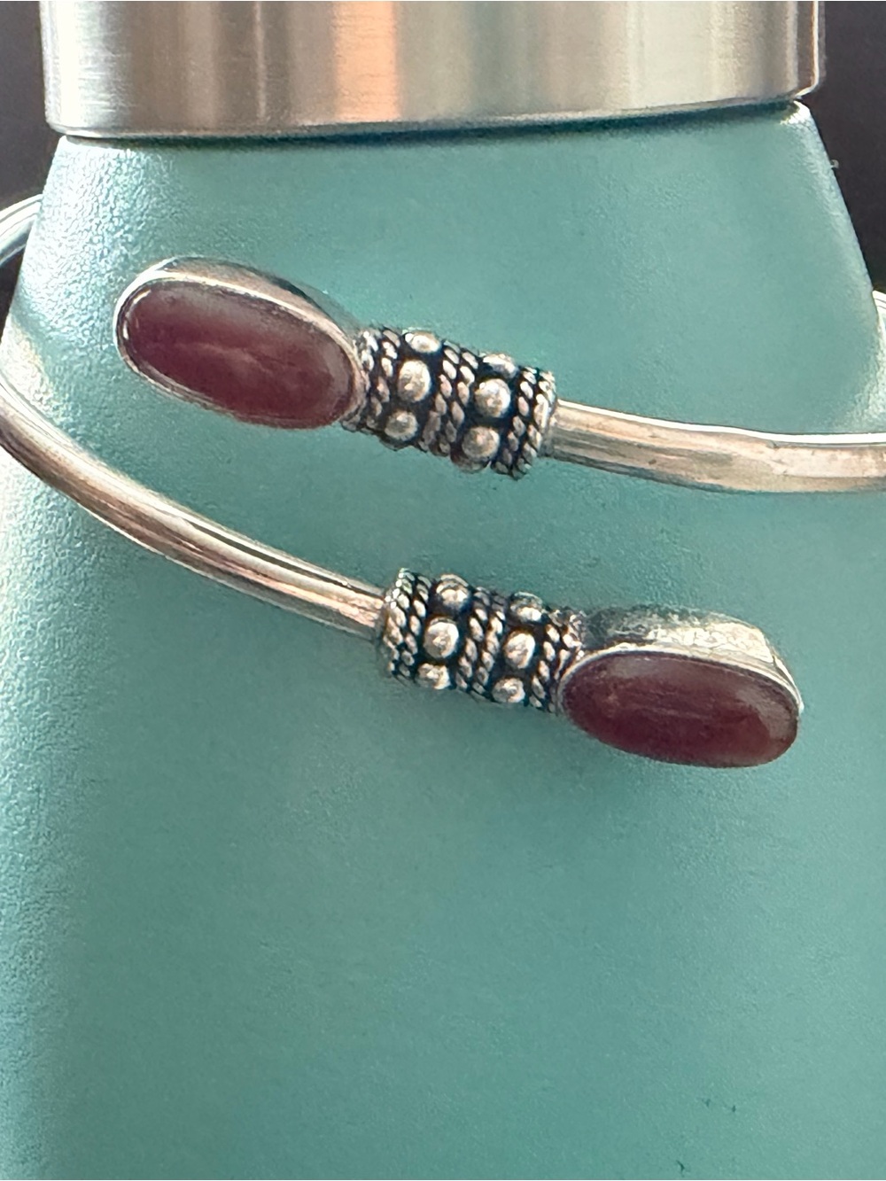 Sterling Silver Open Cuff Bracelet with Maroon Stone Accents